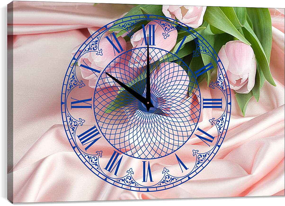 Часы картина - Нежные тюльпаны на розовом шелке
