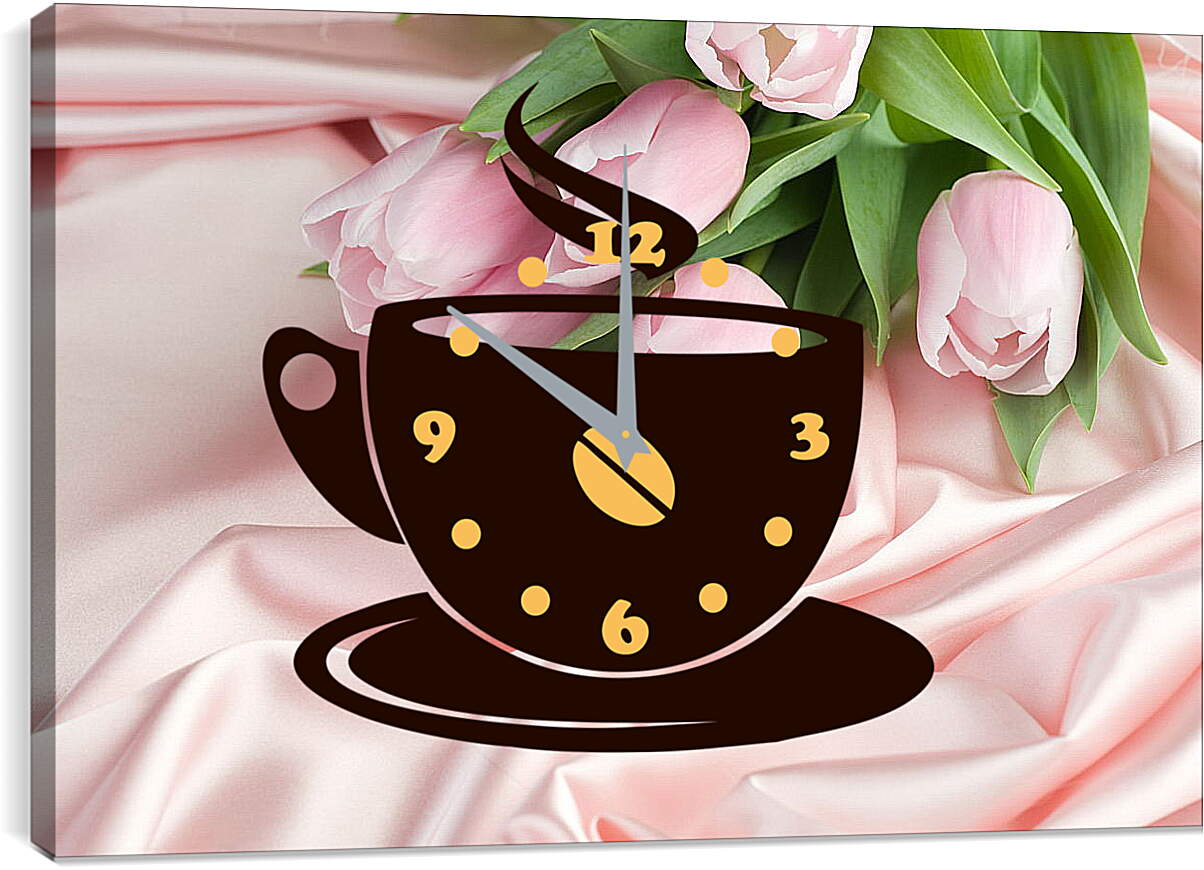Часы картина - Нежные тюльпаны на розовом шелке
