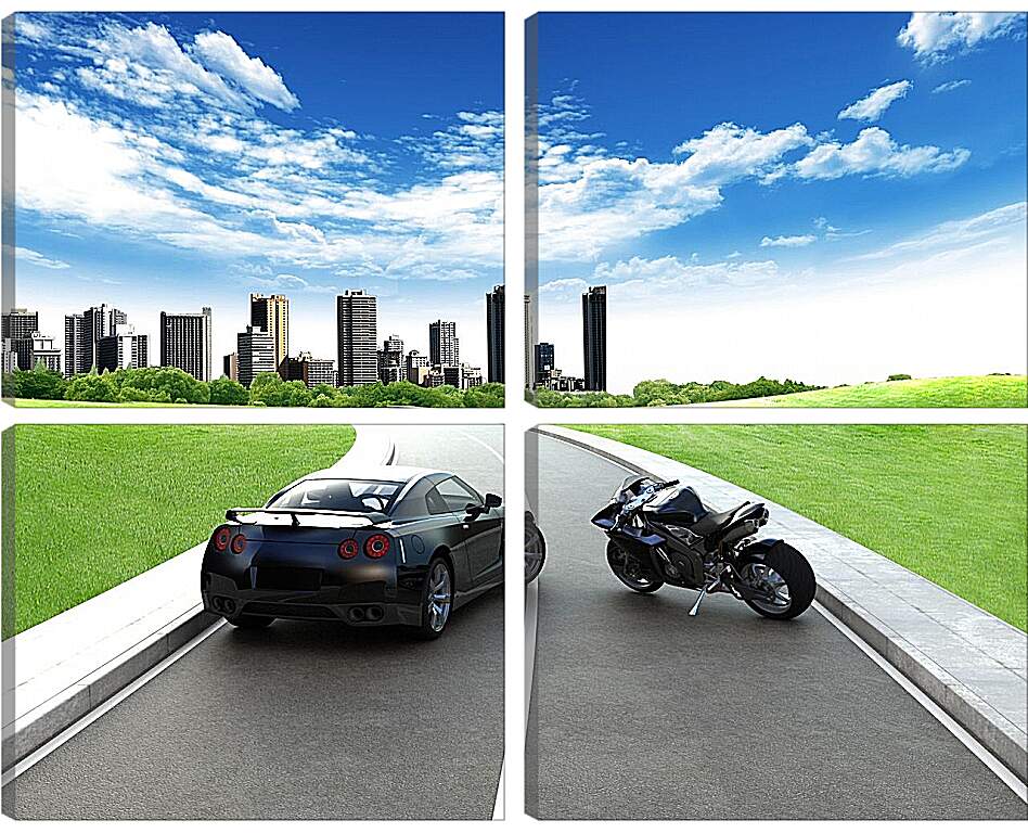 Модульная картина - Машина и мотоцикл на дороге