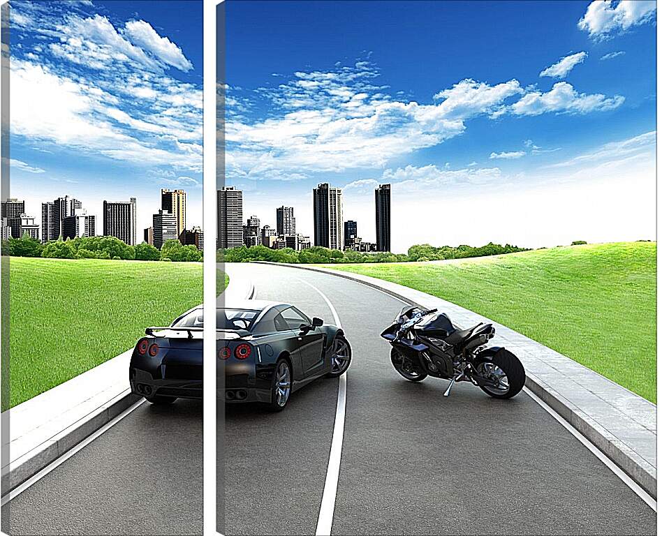 Модульная картина - Машина и мотоцикл на дороге