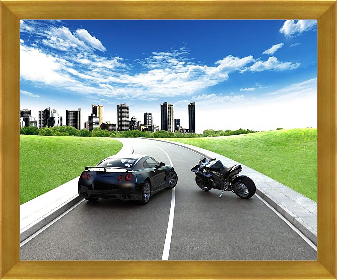 Картина в раме - Машина и мотоцикл на дороге