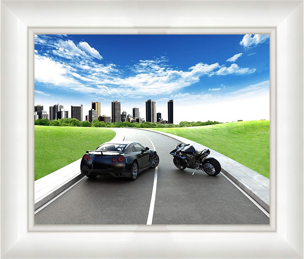 Картина в раме - Машина и мотоцикл на дороге