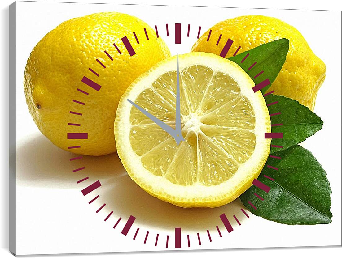 Часы картина - Лимоны и зелёные листья
