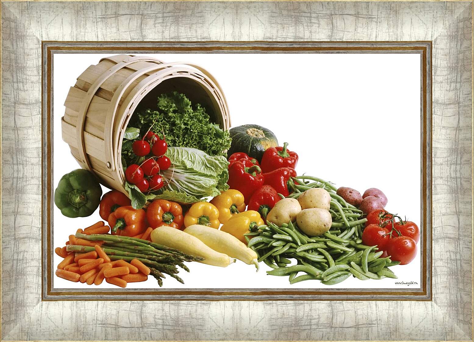 Картина в раме - Набор овощей рассыпанных с ведра