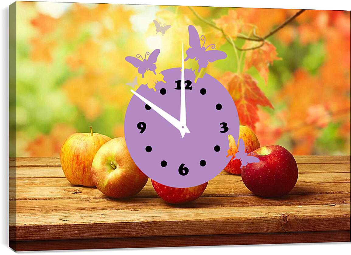 Часы картина - Яблоки на фоне листьев
