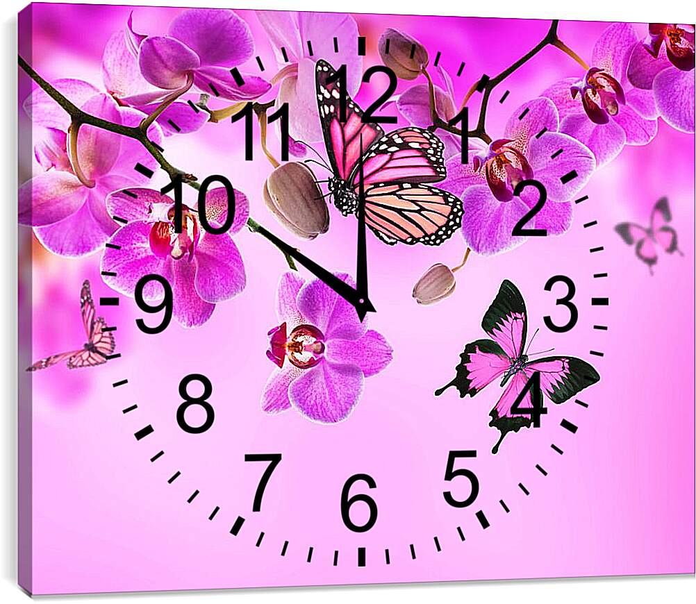 Часы картина - Розовые орхидеи и бабочки