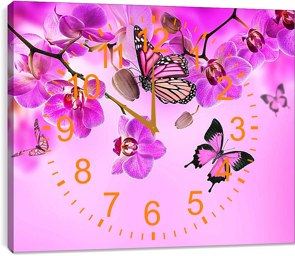 Часы картина - Розовые орхидеи и бабочки