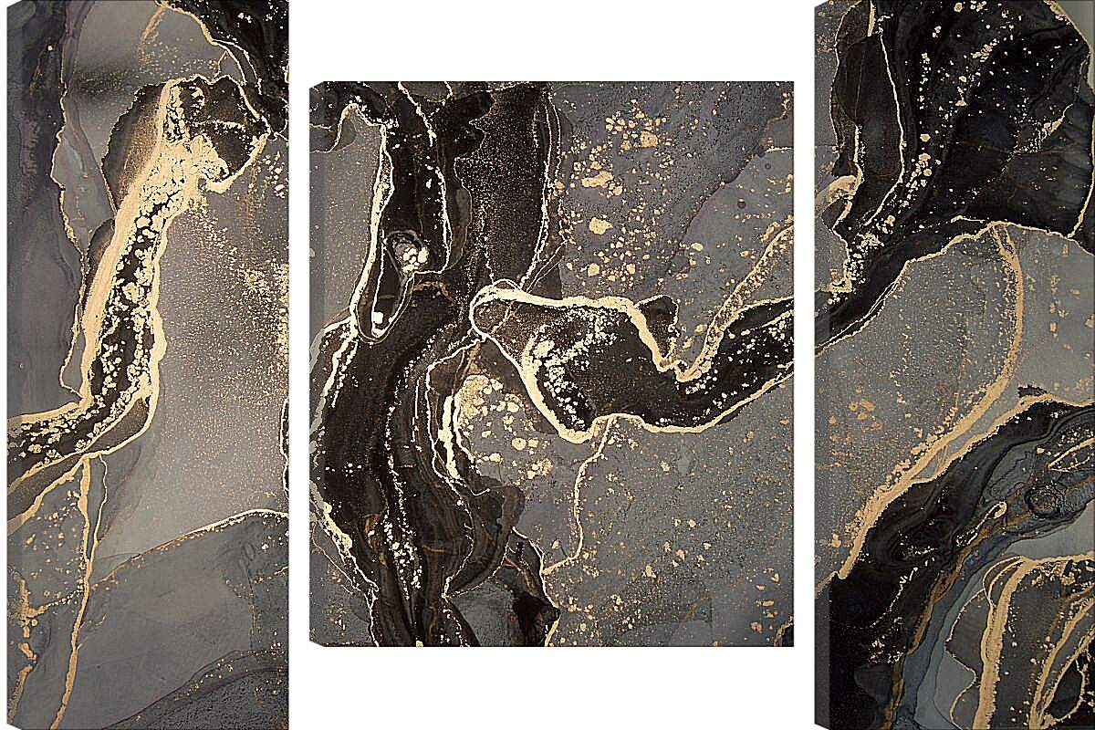 Модульная картина - Золото, черные и серые разводы. Чернильный пейзаж