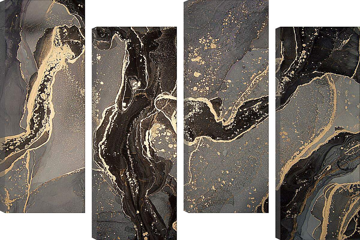 Модульная картина - Золото, черные и серые разводы. Чернильный пейзаж