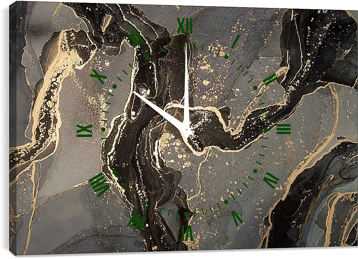 Часы картина - Золото, черные и серые разводы. Чернильный пейзаж