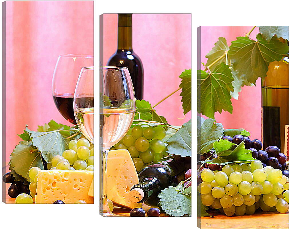 Модульная картина - Виноград, сыр и вино