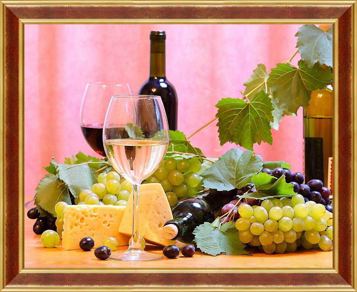 Картина в раме - Виноград, сыр и вино