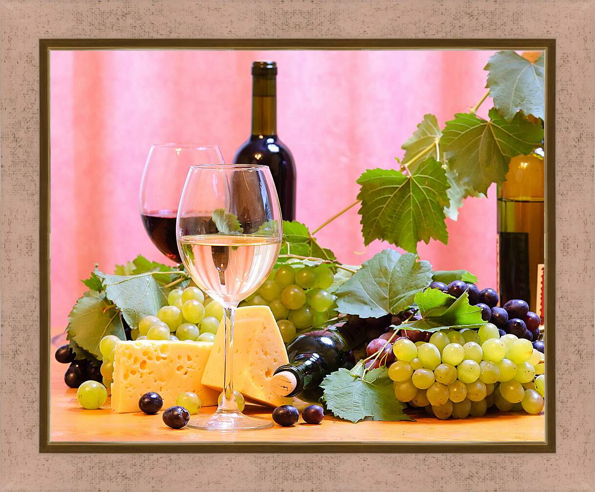 Картина в раме - Виноград, сыр и вино