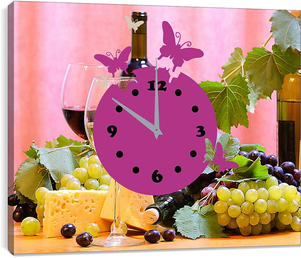 Часы картина - Виноград, сыр и вино