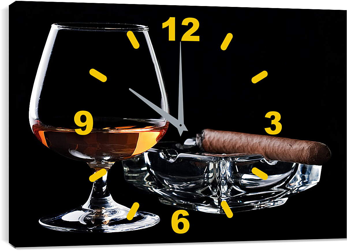 Часы картина - Коньяк и сигара на чёрном фоне