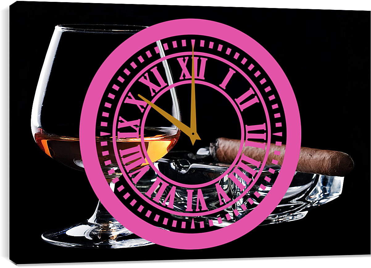 Часы картина - Коньяк и сигара на чёрном фоне