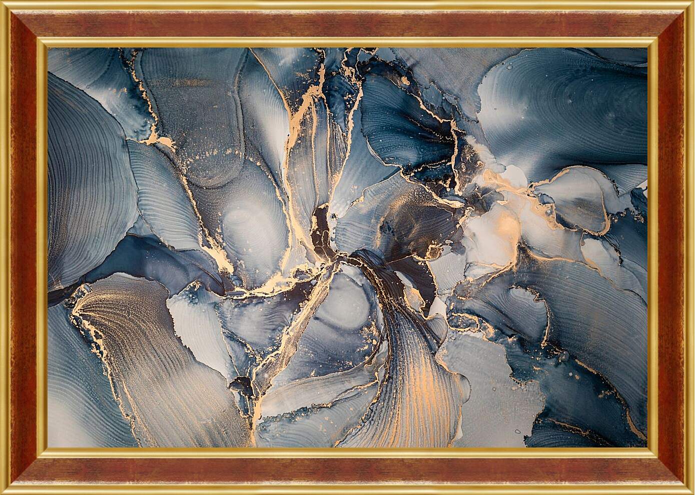 Картина в раме - Голубые разводы с золотистыми нитями. Чернильный пейзаж