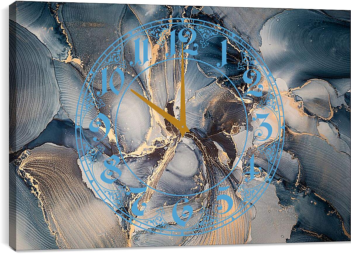 Часы картина - Голубые разводы с золотистыми нитями. Чернильный пейзаж