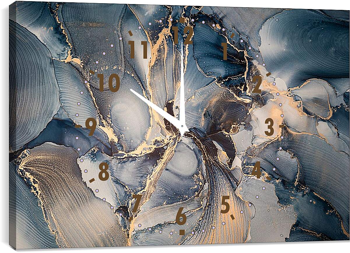 Часы картина - Голубые разводы с золотистыми нитями. Чернильный пейзаж