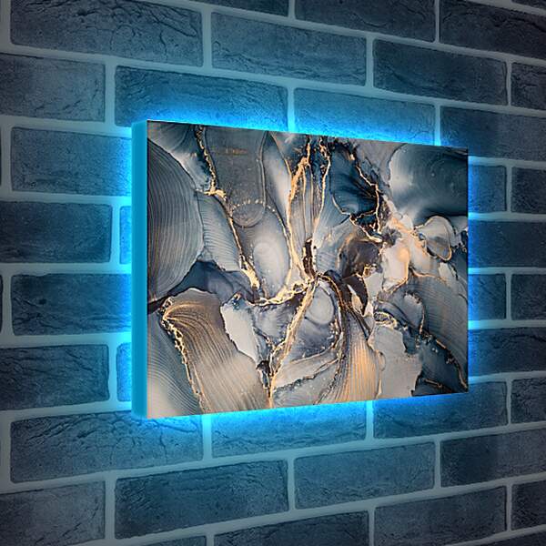 Лайтбокс световая панель - Голубые разводы с золотистыми нитями. Чернильный пейзаж
