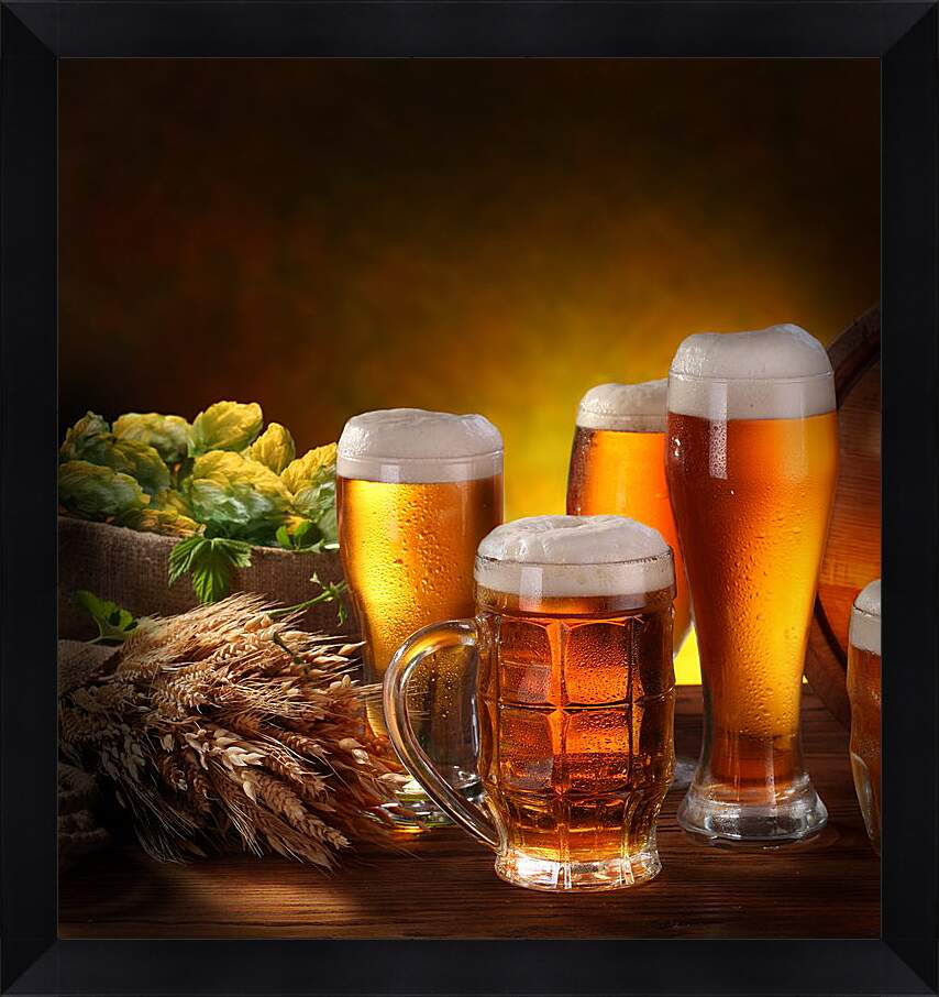 Картина в раме - Кружки пива и три бокала