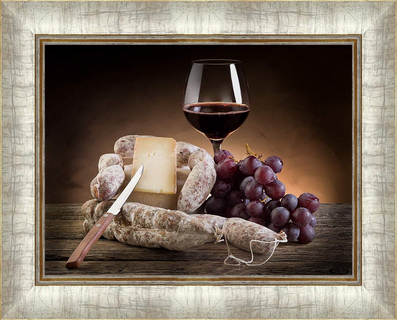 Картина в раме - Натюрморт вино и сыр