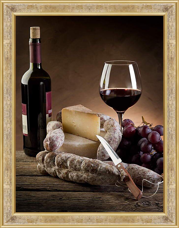 Картина в раме - Бутылка вина и сыр