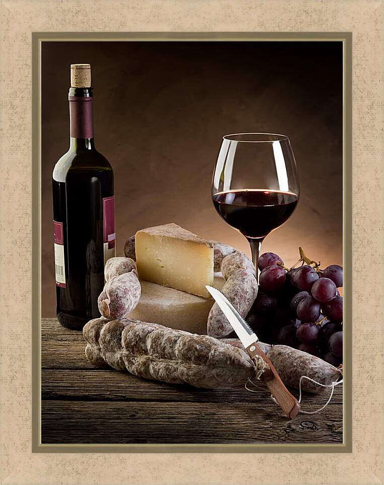Картина в раме - Бутылка вина и сыр