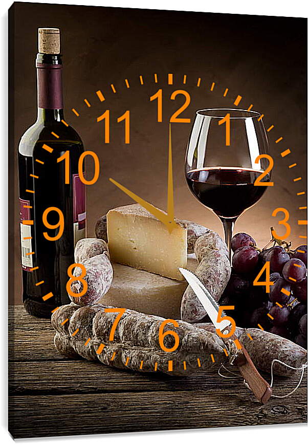 Часы картина - Бутылка вина и сыр