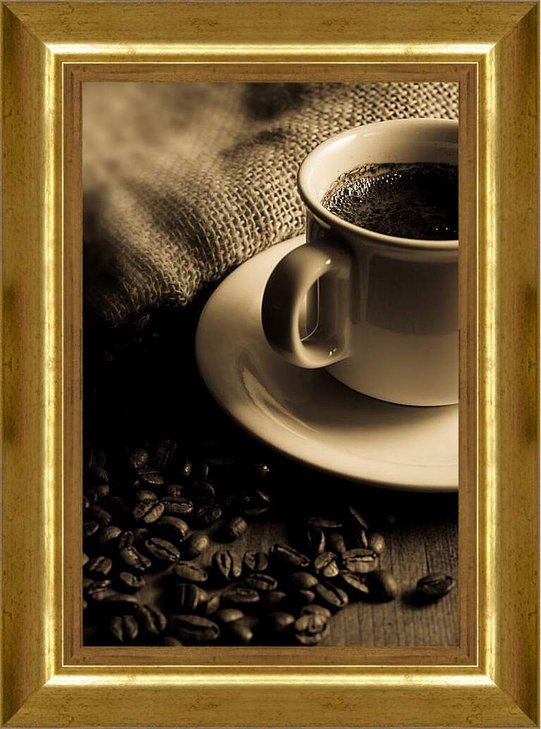 Картина в раме - Чашка кофе и чёрные зёрна
