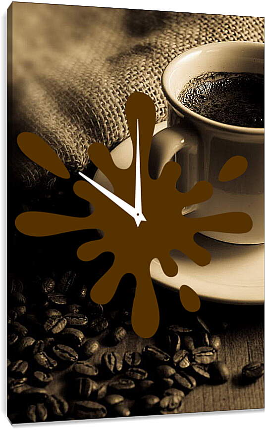 Часы картина - Чашка кофе и чёрные зёрна