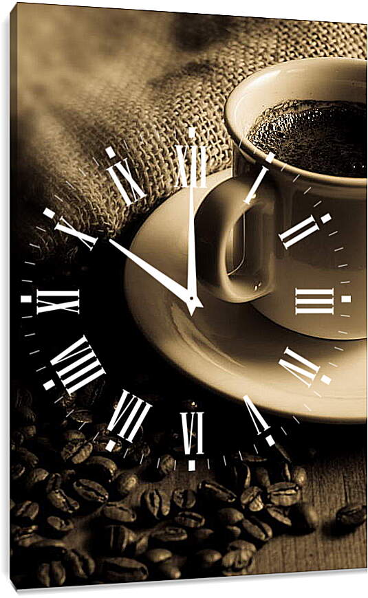 Часы картина - Чашка кофе и чёрные зёрна