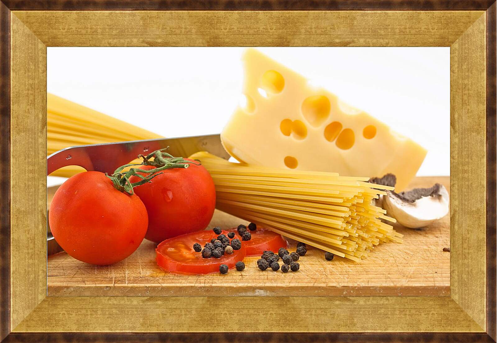 Картина в раме - Натюрморт паста, сыр, помидоры