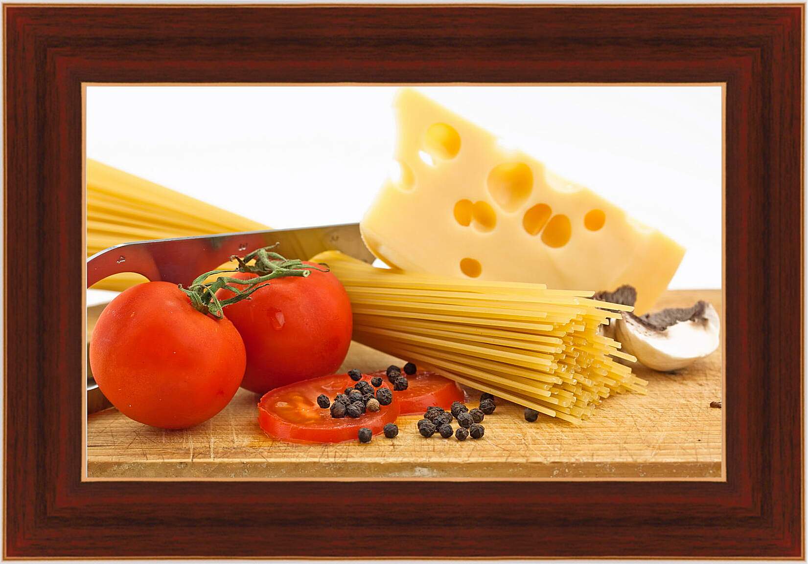 Картина в раме - Натюрморт паста, сыр, помидоры