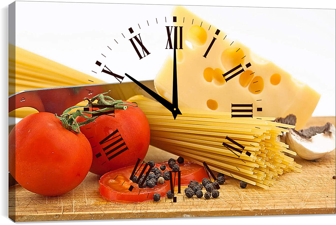 Часы картина - Натюрморт паста, сыр, помидоры