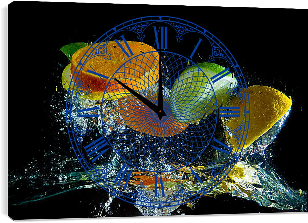 Часы картина - Фрукты в брызгах воды