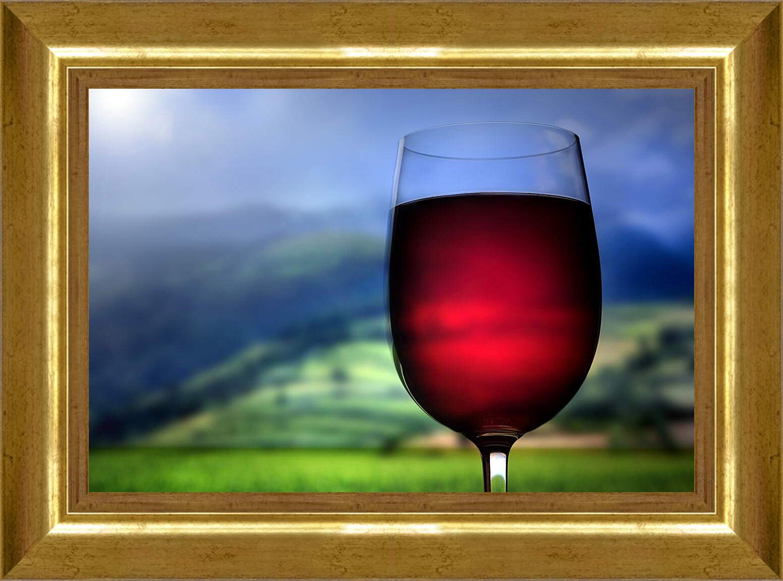 Картина в раме - Бокал вина на фоне пейзажа