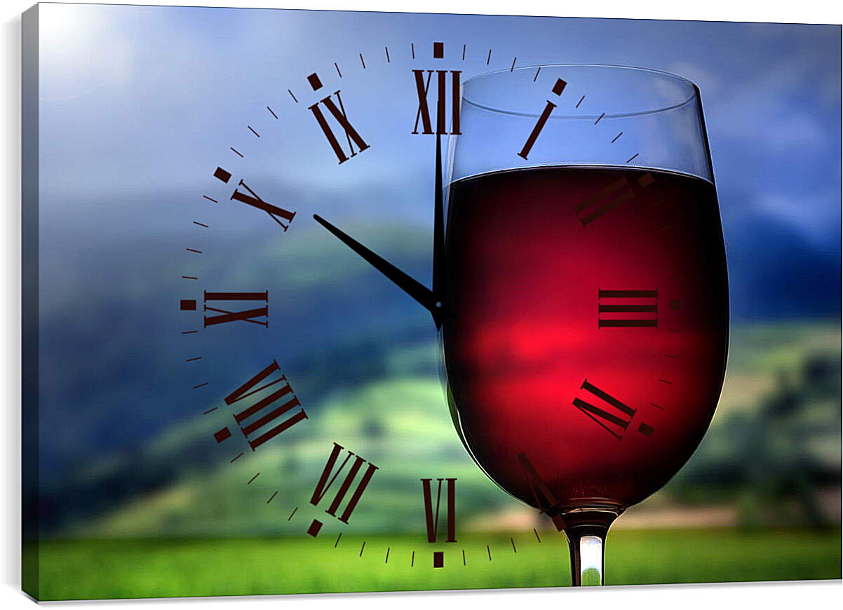 Часы картина - Бокал вина на фоне пейзажа