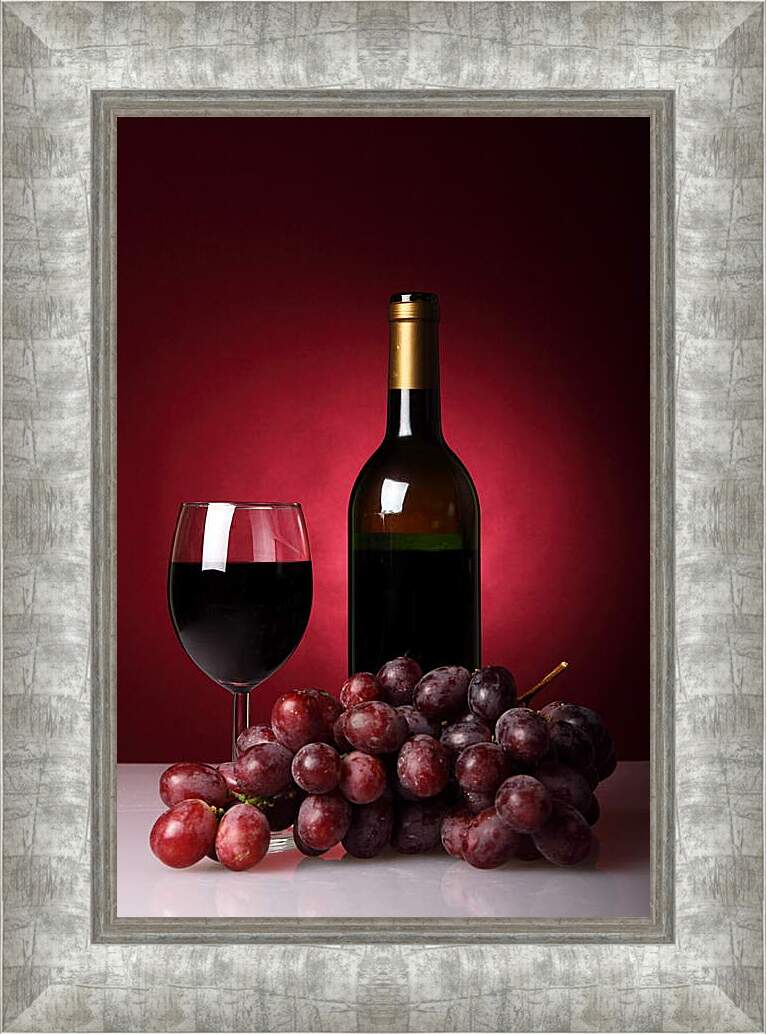Картина в раме - Бутылка красного вина и виноград