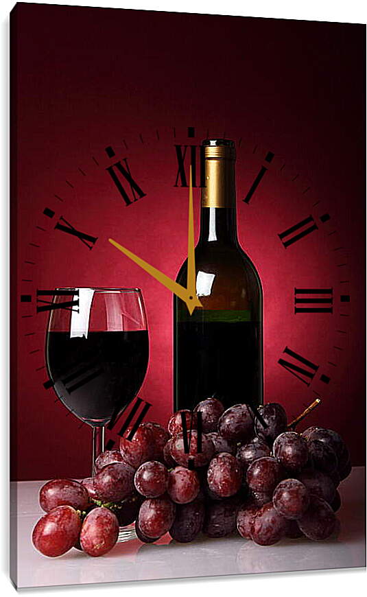 Часы картина - Бутылка красного вина и виноград