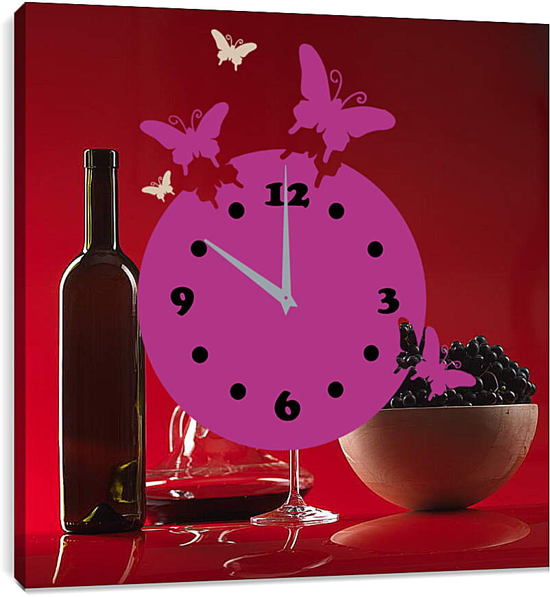 Часы картина - Вино на красном фоне