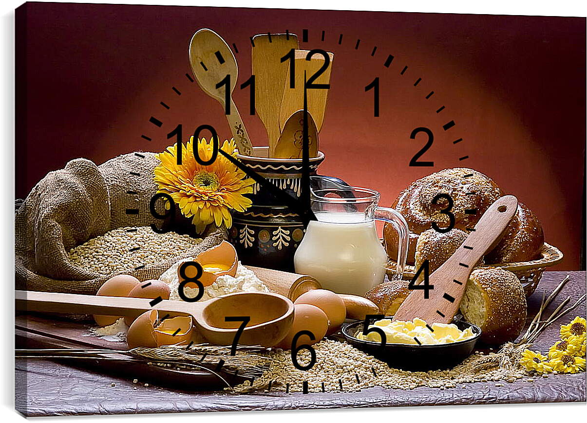 Часы картина - Натюрморт молоко и хлеб