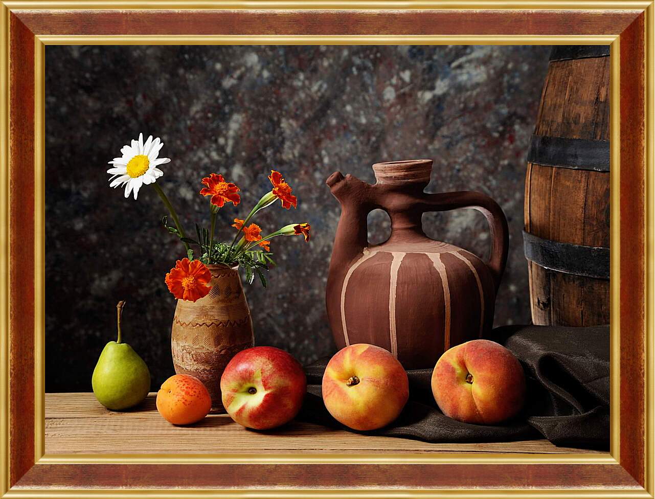 Картина в раме - Глиняный кувшин и фрукты

