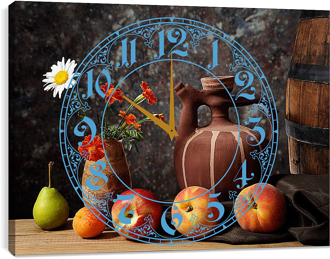Часы картина - Глиняный кувшин и фрукты
