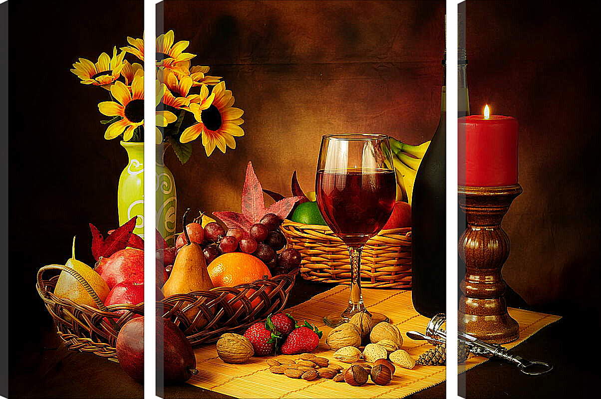 Модульная картина - Вино, подсолнухи, свеча