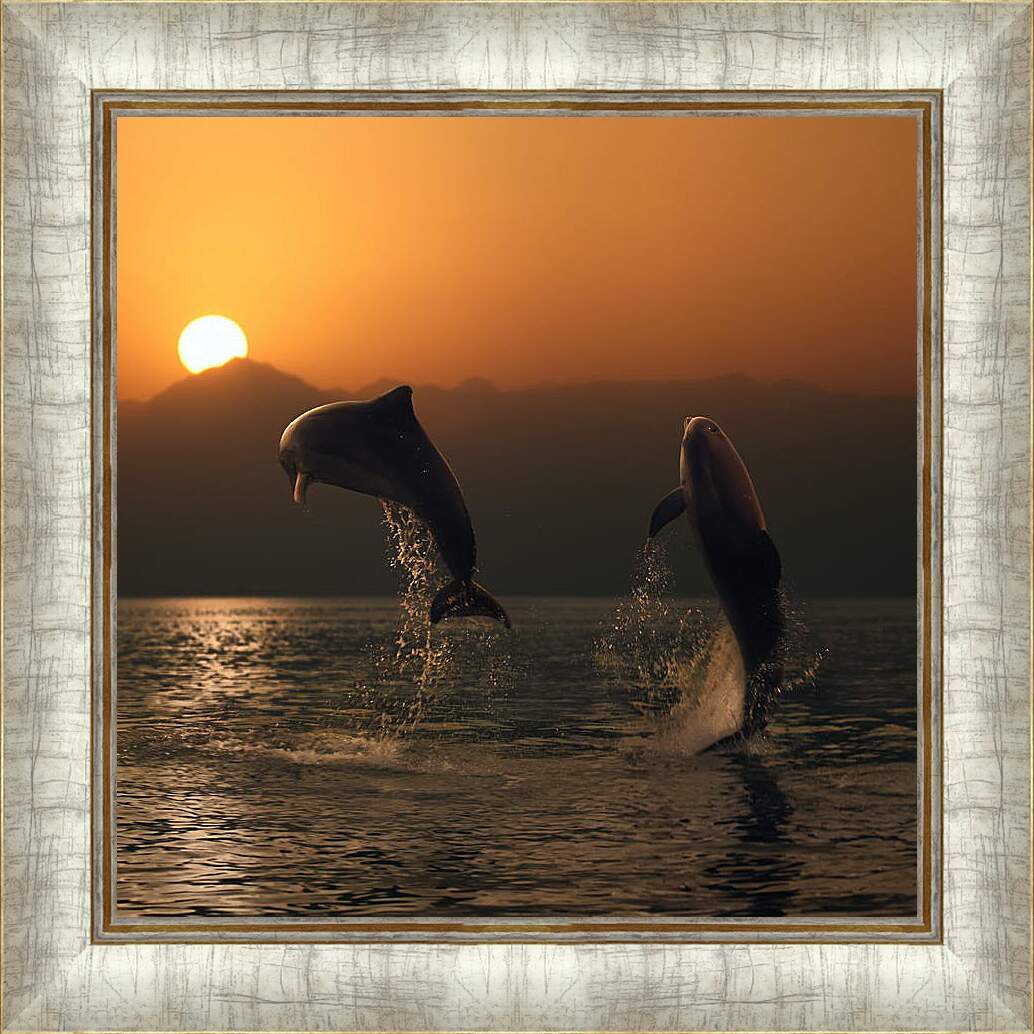 Картина в раме - Дельфины в закате
