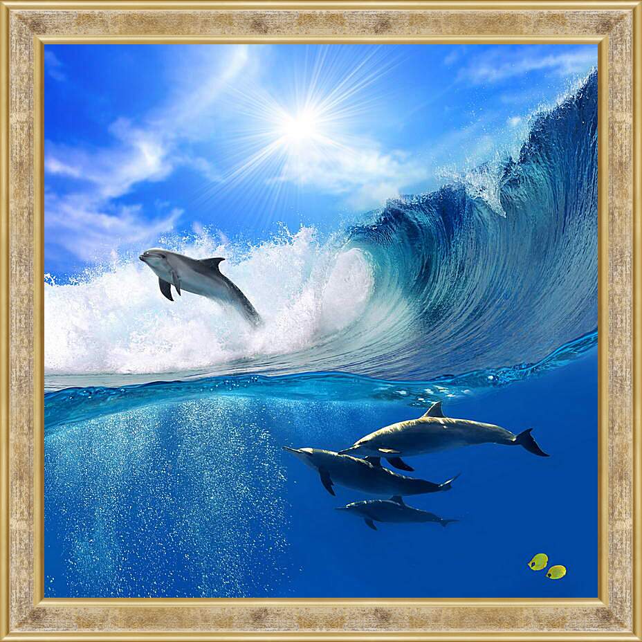 Картина в раме - Дельфины на волнах
