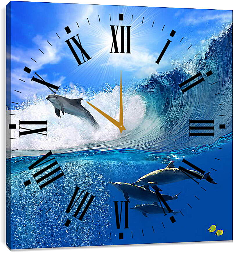 Часы картина - Дельфины на волнах
