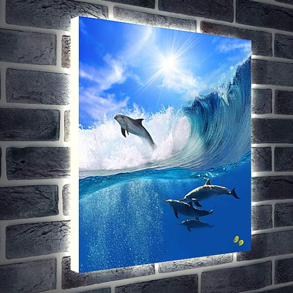 Лайтбокс световая панель - Дельфины на волнах
