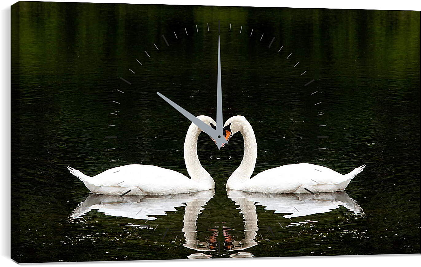 Часы картина - Лебеди на черном фоне
